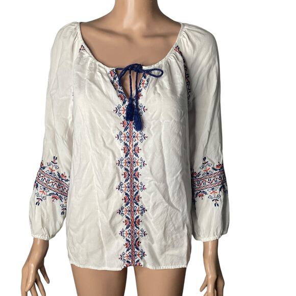 Lucky Brand Peasant Blouse Womens Small Long Sleeve Embroidered - Picture 3 of 11
